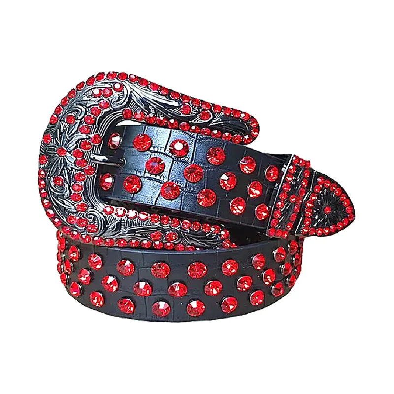 Engraved Red With Black Textured Strap Rhinestone Belt