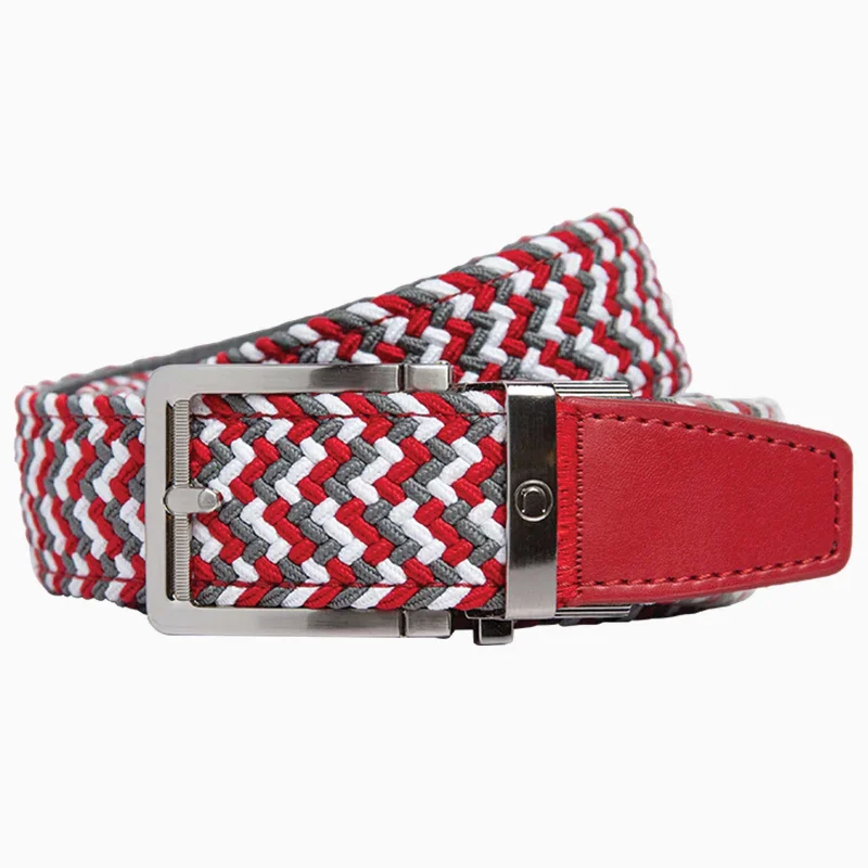 Braided Scarlet, Grey & White Golf Ratchet Belt 1.38" [35mm]