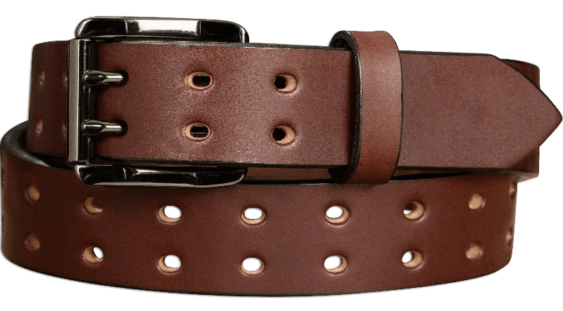 The Holey Bull: Men's Brown Non Stitched Double Prong Leather Belt With Gunmetal Roller 1.50"