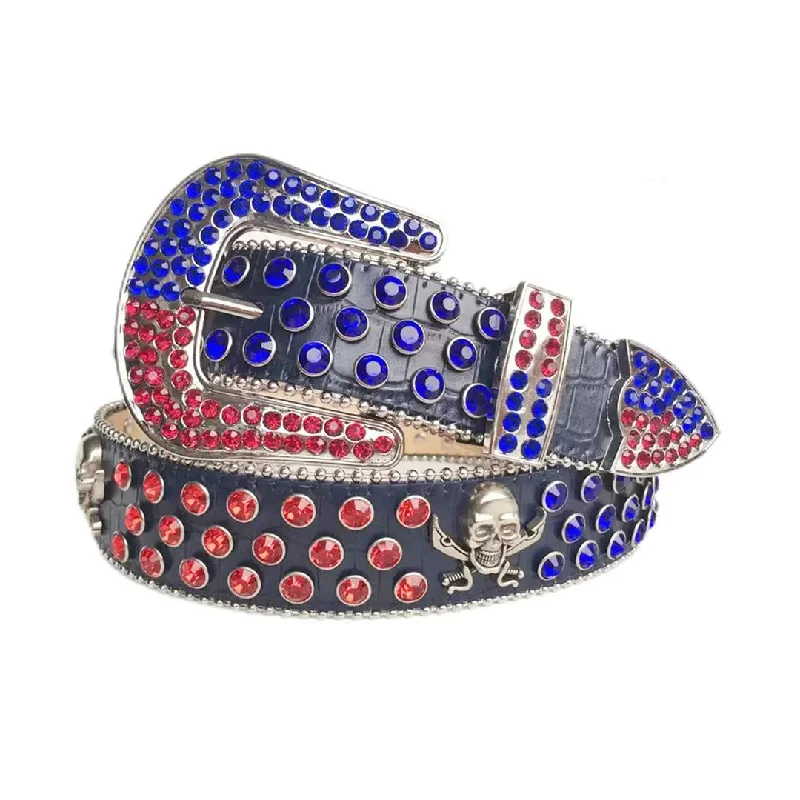 Rhinestone Red And Blue and Skull Stud Belt With Black Textured strap