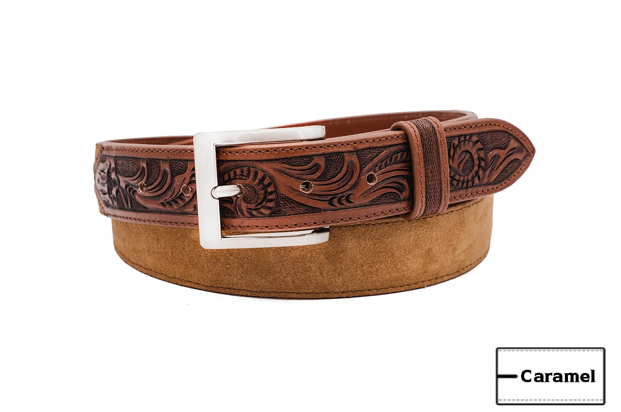 Hand Tooled Caramel Italian Suede Leather Belt