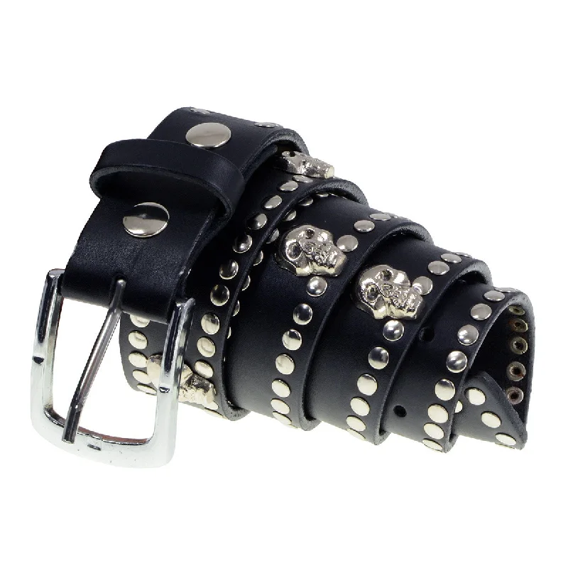 Milwaukee Leather MP7103 Men's Black Studs and Skulls Genuine Leather Belt with Buckle - 1.5 inches Wide