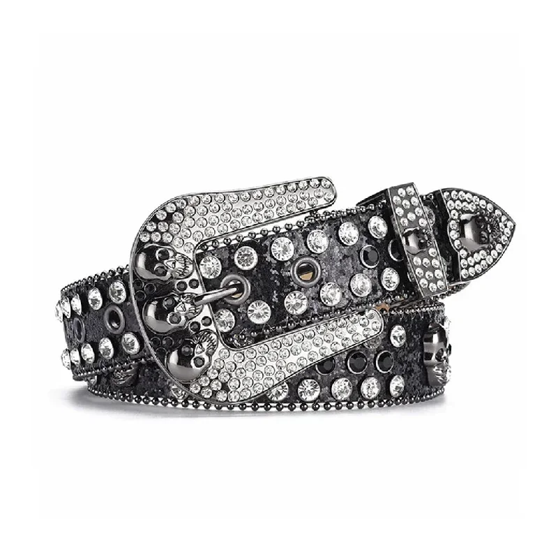 Rhinestone Skull Buckle Black Strap With Crystal Studded Belt