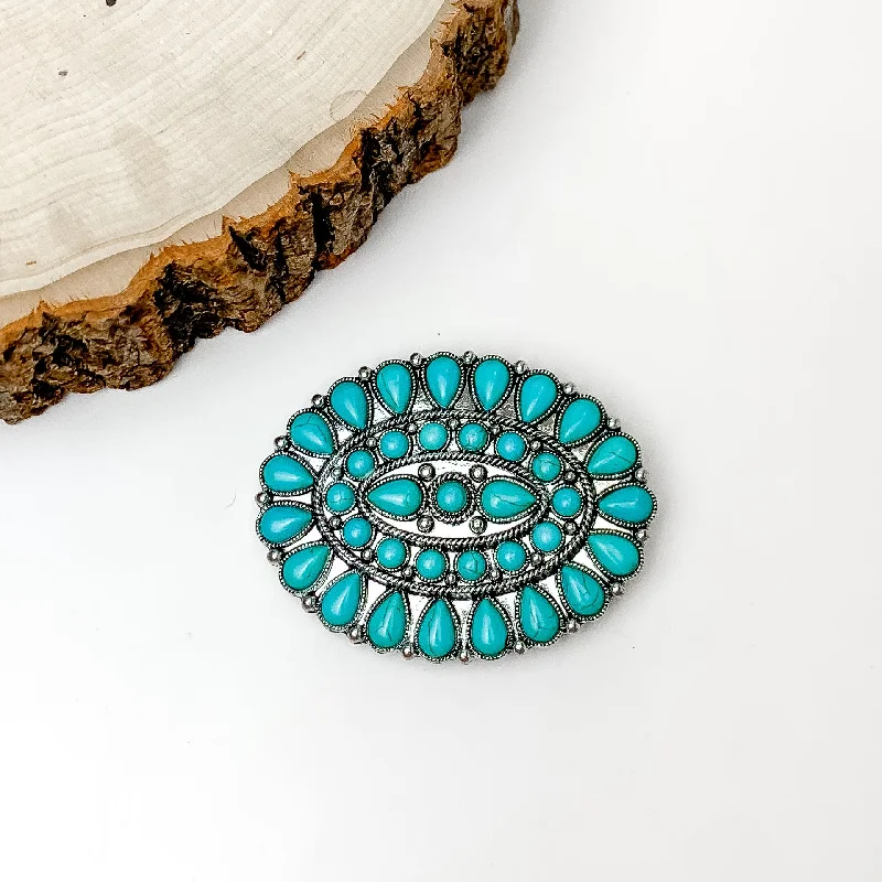 Turquoise Blue Stoned Oval Belt Buckle in Silver Tone