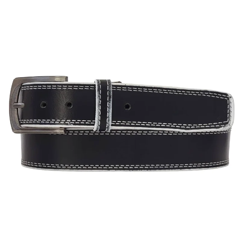 The Pegasus Belt - Black Full Grain Leather Belt with White Stitches