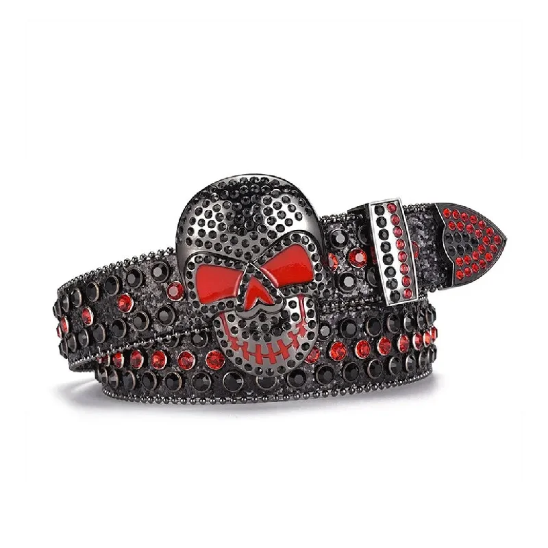 Rhinestone Skull Buckle Black Strap With Black & Red Studded Belt