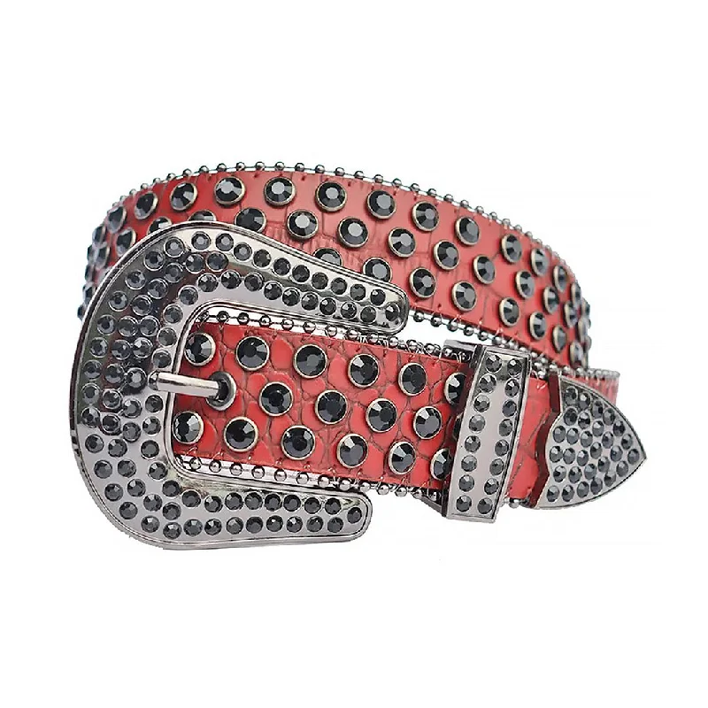 Rhinestone Black Belt With Red Snake Texture Strap