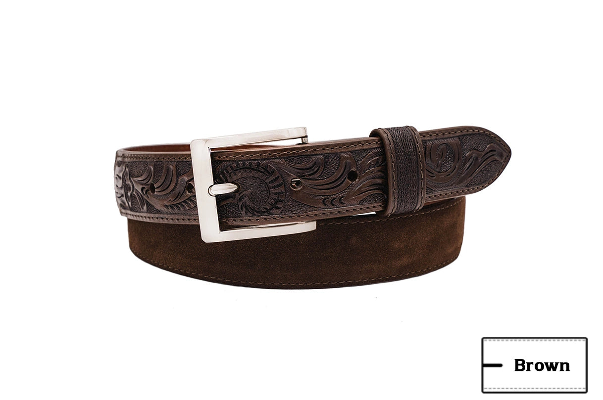 Hand tooled Brown Italian Suede Leather Belt