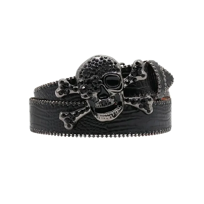 Metal Skull Buckle Black Strap Belt