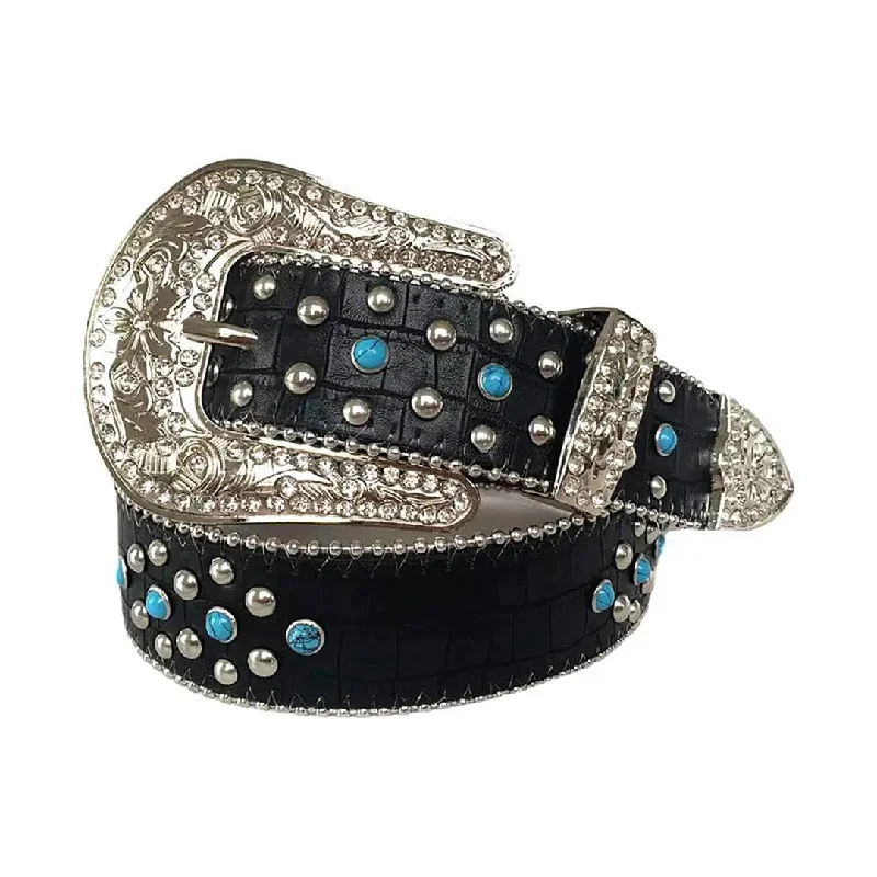 Rhinestone Blue Belt With Black Textured Strap