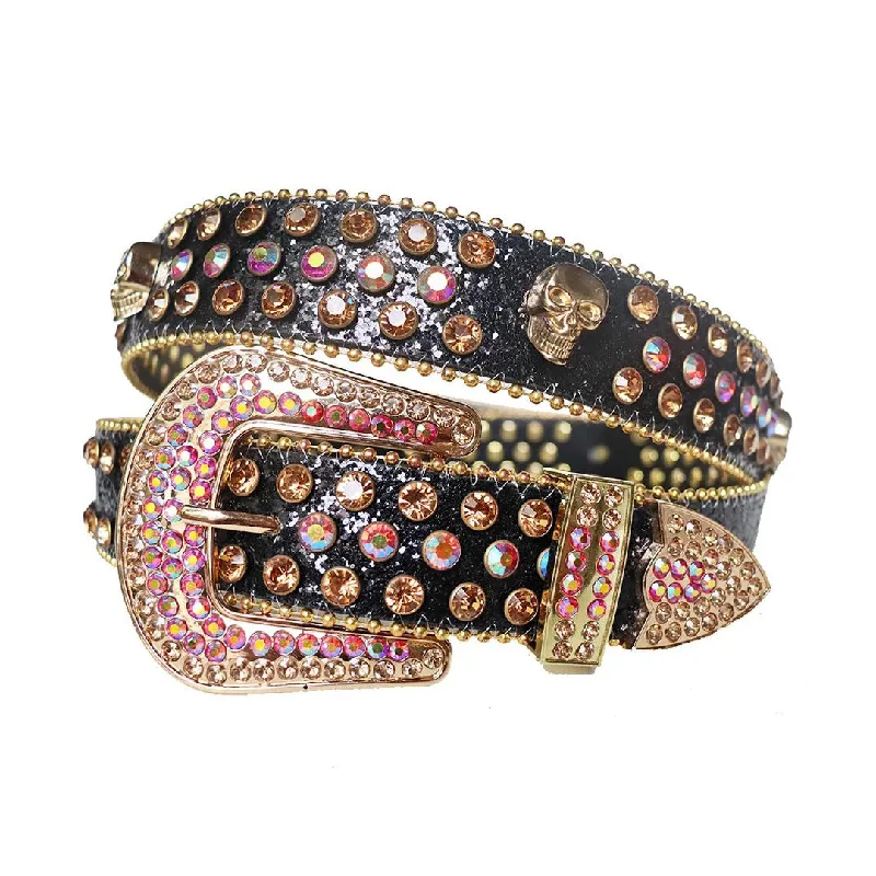 Rhinestone Pink and Gold Belt With Skull Studs and Black Strap