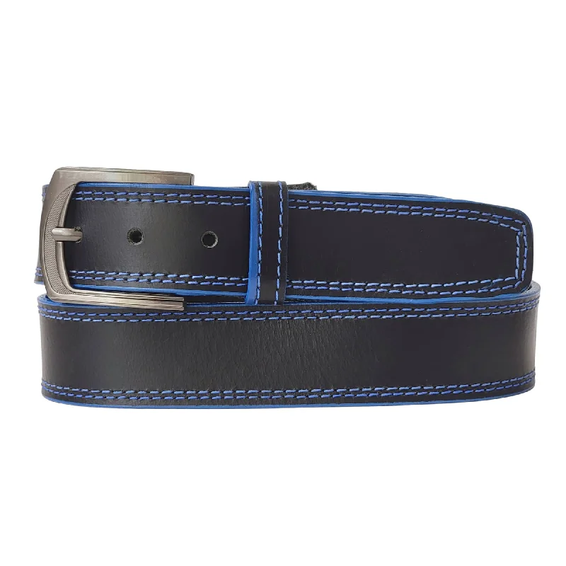 The Poseidon Belt - Black Full Grain Leather Belt with Blue Stitches