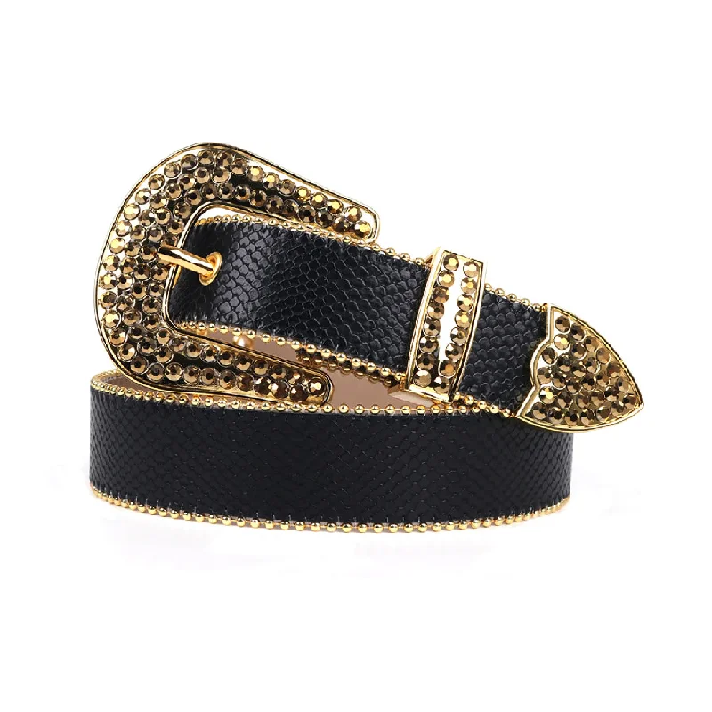 Rhinestone Black Strap With Gold Studded Belt