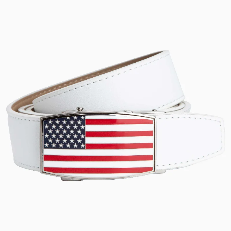 USA Flag Aston White Golf Ratchet Belt 1.38" [35mm]