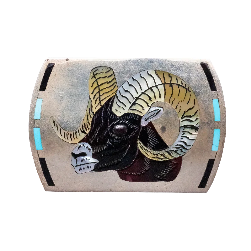 Mother of Pearl, Jett, & Sleeping Beauty Turquoise Ram's Head Belt Buckle | Dale Edaakle