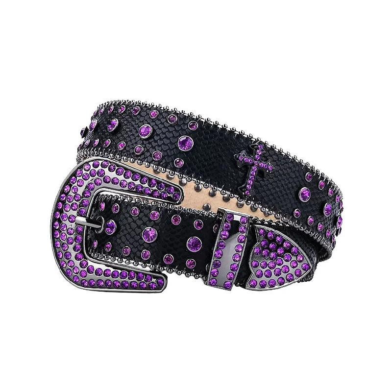 Black Strap With Cross & Purple Rhinestone Belt