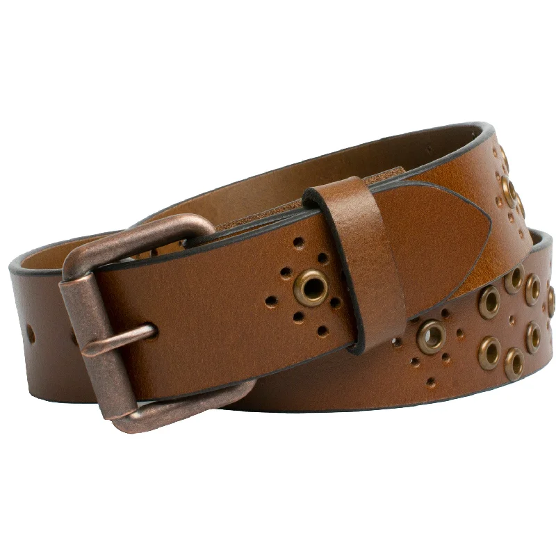 Women's Grommet Brown Leather Belt by Nickel Smart®