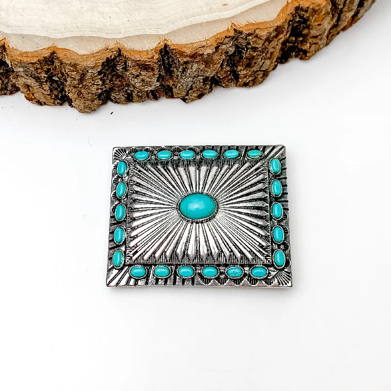 Turquoise Blue Stoned Rectangle Belt Buckle in Silver Tone