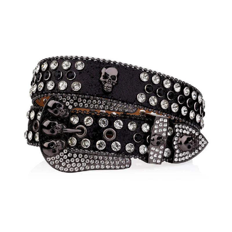 Rhinestone Skull Buckle Black Strap With Black & Crystal Studded Belt