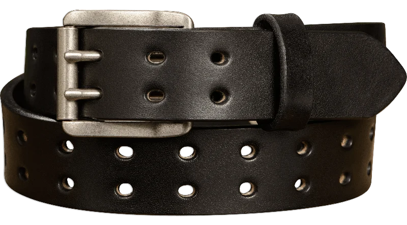 The Holey Bull: Men's Black Non Stitched Double Prong Leather Belt With Nickel Roller 1.50"