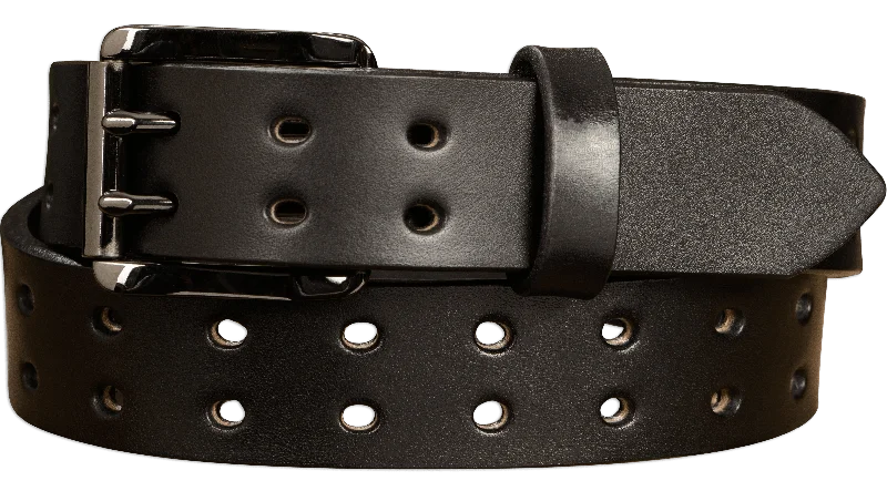 The Holey Bull: Men's Black Non Stitched Double Prong Leather Belt With Gunmetal Roller 1.50"