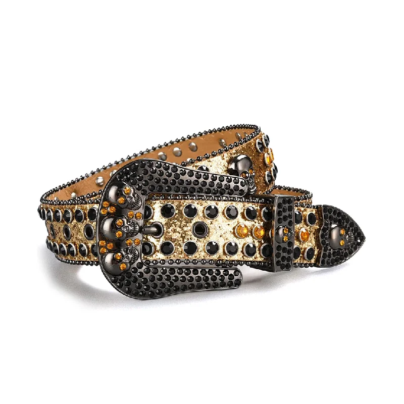 Rhinestone Skull Buckle Gold Strap With Gold & Black Studded Belt