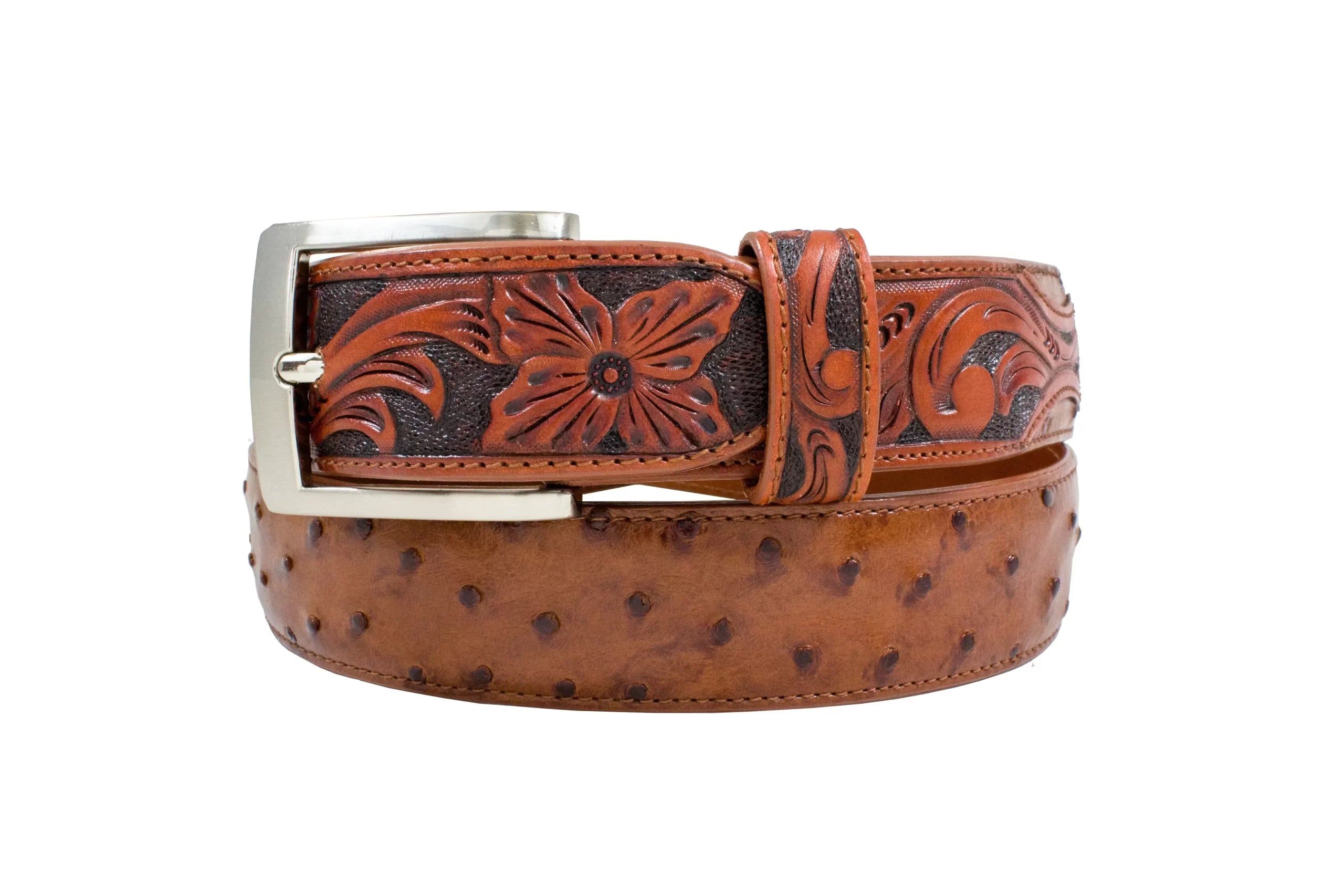 Hand Tooled Cognac Full Quill Ostrich Leather Belt