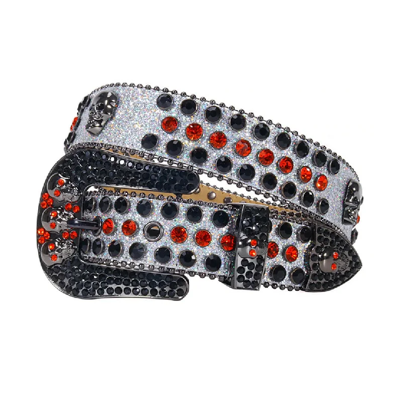 Rhinestone Skull Buckle Grey Strap With Black & Red Studded Belt