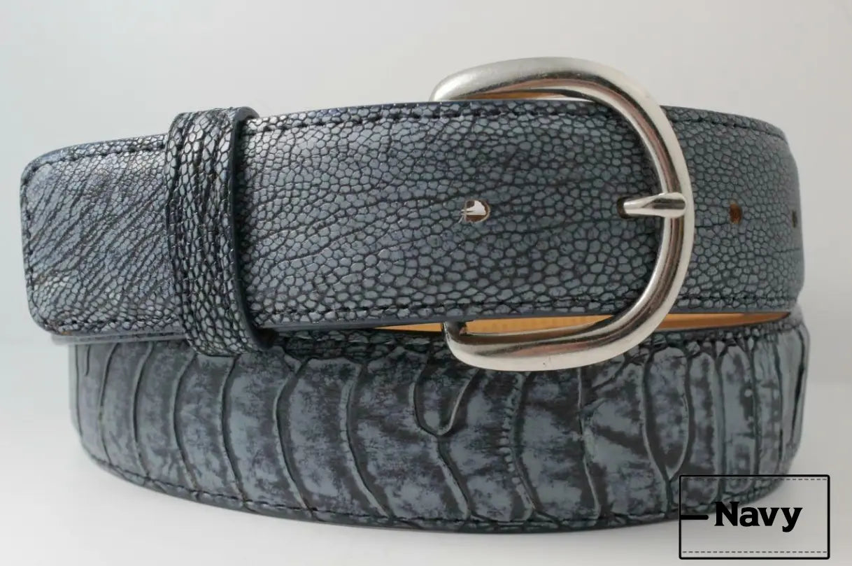 Washed Navy Blue Ostrich Leg Leather Belt